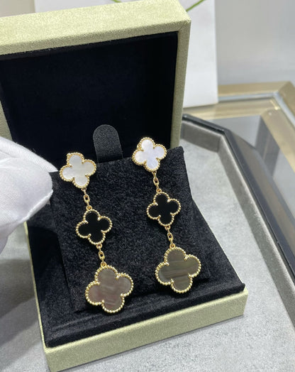 [⭐Luxery]CLOVER 3 MOTIF MOP ONYX DARK MOP PINK GOLD EARRINGS