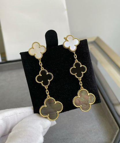[⭐Luxery]CLOVER 3 MOTIF MOP ONYX DARK MOP PINK GOLD EARRINGS