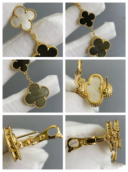 [⭐Luxery]CLOVER 3 MOTIF MOP ONYX DARK MOP PINK GOLD EARRINGS