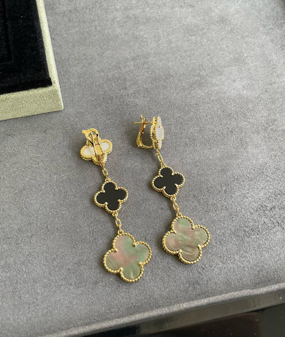 [⭐Luxery]CLOVER 3 MOTIF MOP ONYX DARK MOP PINK GOLD EARRINGS