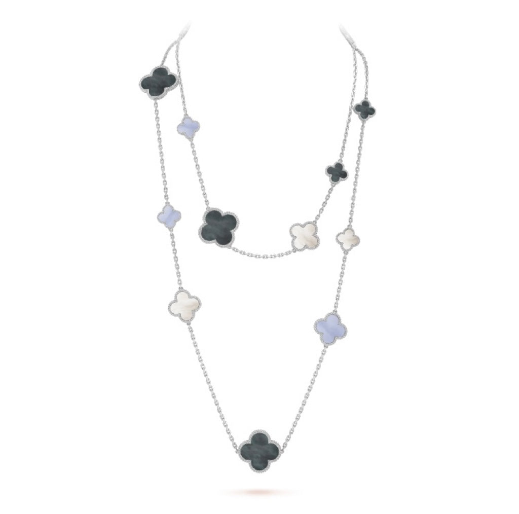 [⭐Luxery]CLOVER 16 MOTIF CHALCEDONY MOP SILVER NECKLACE