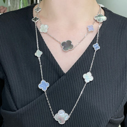 [⭐Luxery]CLOVER 16 MOTIF CHALCEDONY MOP SILVER NECKLACE