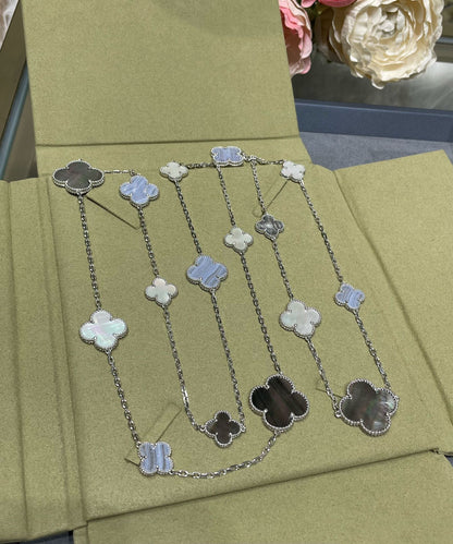 [⭐Luxery]CLOVER 16 MOTIF CHALCEDONY MOP SILVER NECKLACE
