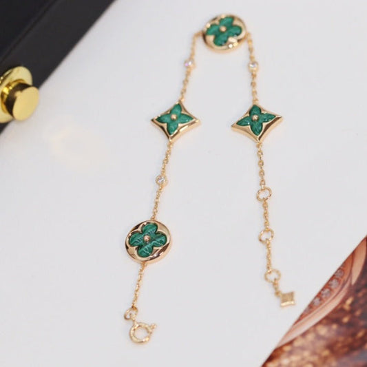 [⭐Luxery]STAR AND SUN 4 MOTIF PINK GOLD MALACHITE BRACELET