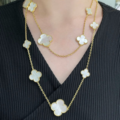 [⭐Luxery]CLOVER 16 MOTIF WHITE MOP GOLD NECKLACE