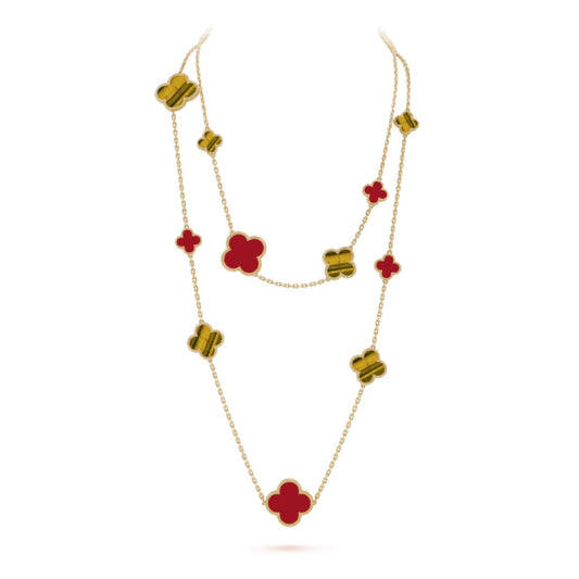 [⭐Luxery]CLOVER 16 MOTIF CARNELIAN TIGER EYE ROSE GOLD NECKLACE