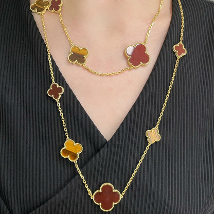 [⭐Luxery]CLOVER 16 MOTIF CARNELIAN TIGER EYE ROSE GOLD NECKLACE