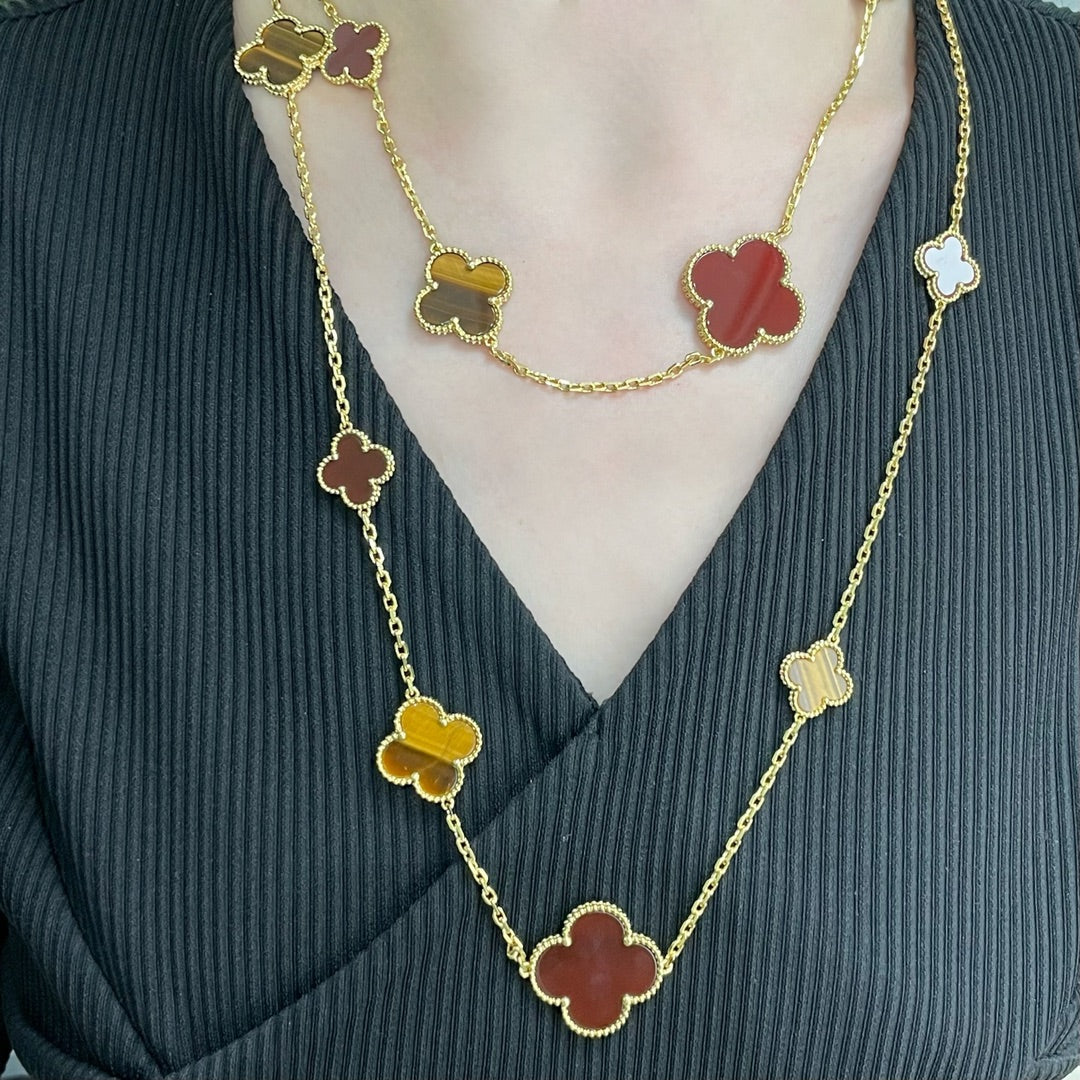 [⭐Luxery]CLOVER 16 MOTIF CARNELIAN TIGER EYE ROSE GOLD NECKLACE