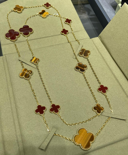 [⭐Luxery]CLOVER 16 MOTIF CARNELIAN TIGER EYE ROSE GOLD NECKLACE