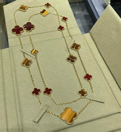 [⭐Luxery]CLOVER 16 MOTIF CARNELIAN TIGER EYE ROSE GOLD NECKLACE