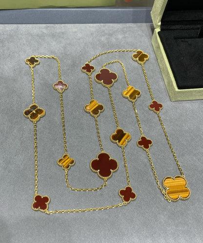[⭐Luxery]CLOVER 16 MOTIF CARNELIAN TIGER EYE ROSE GOLD NECKLACE