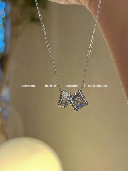 [⭐Luxery]PERLEE DOUBLE PENDANT SILVER DIAMOND NECKLACE