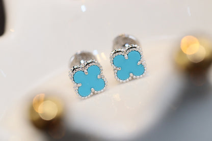 [⭐Luxery]CLOVER MINI TURQUOISE SILVER STUD EARRINGS