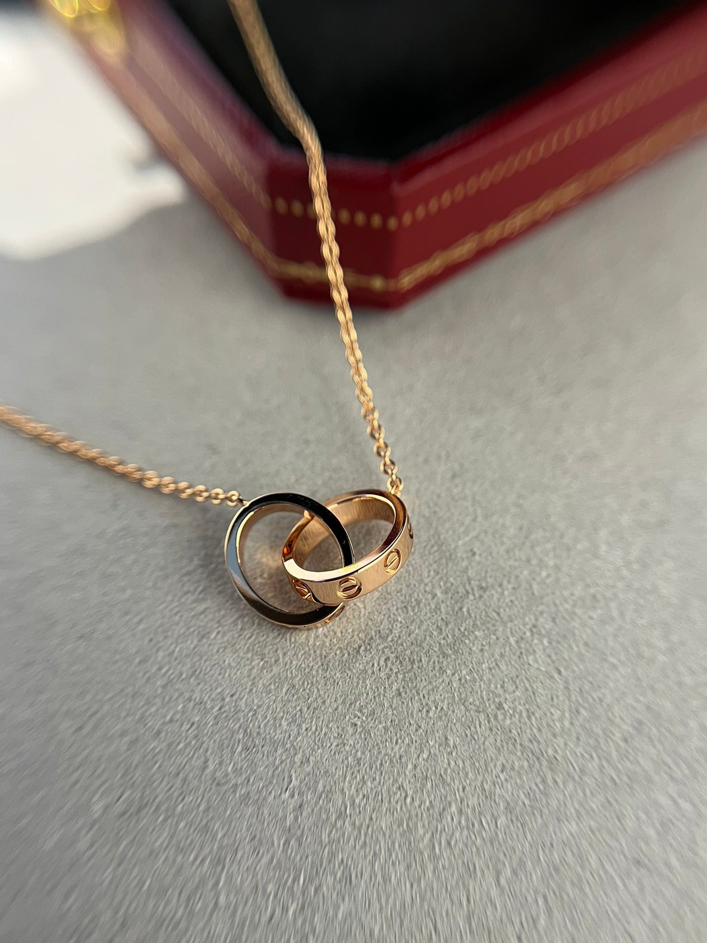 [⭐Luxery]LOVE NECKLACE DOUBLE RING PINK GOLD
