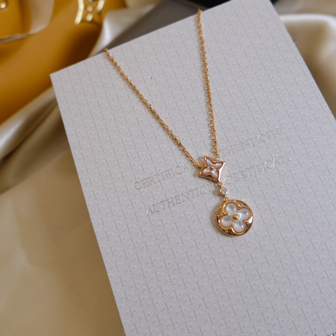 [⭐Luxery]STAR AND SUN WHITE MOP 2 MOTIF PINK GOLD NECKLACE
