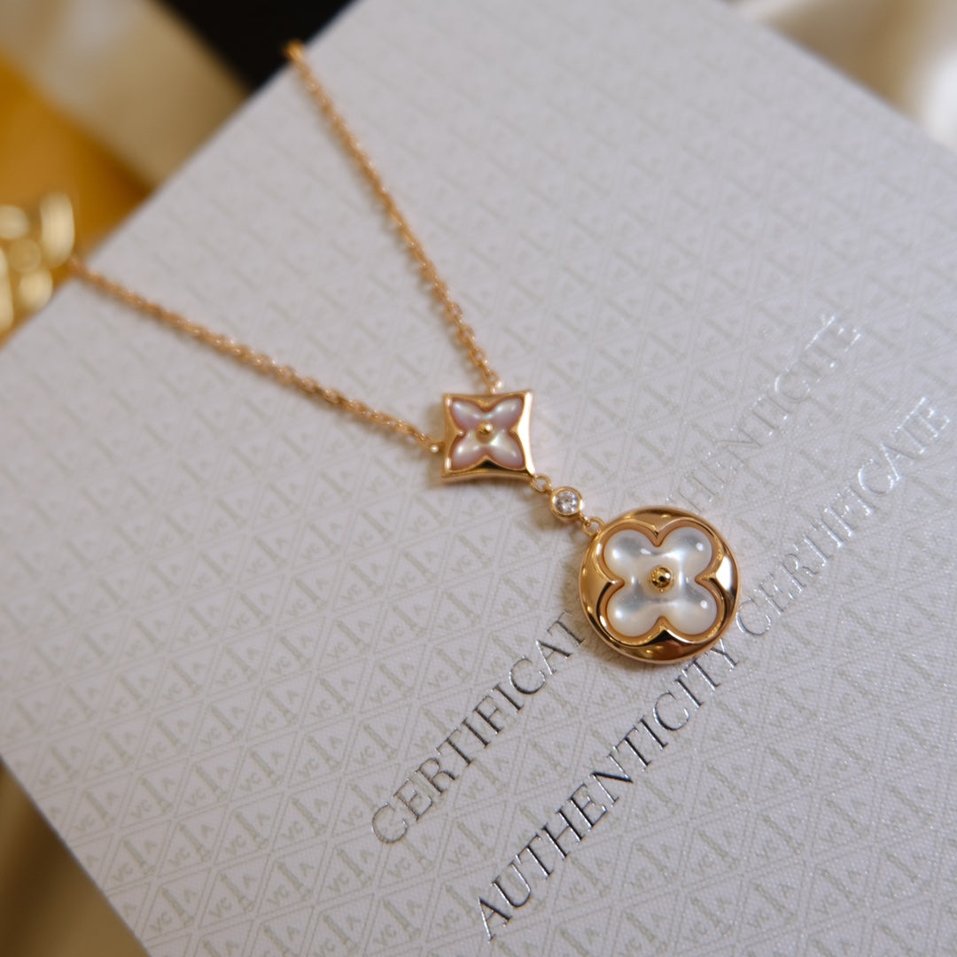 [⭐Luxery]STAR AND SUN WHITE MOP 2 MOTIF PINK GOLD NECKLACE