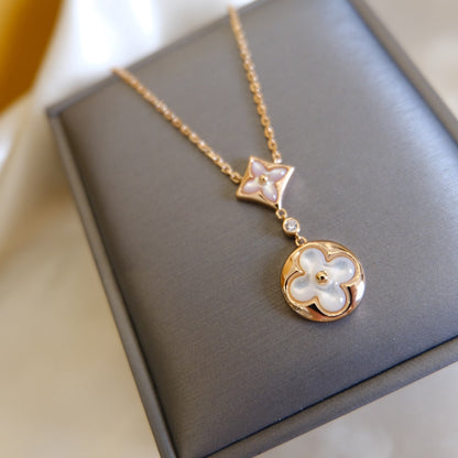 [⭐Luxery]STAR AND SUN WHITE MOP 2 MOTIF PINK GOLD NECKLACE