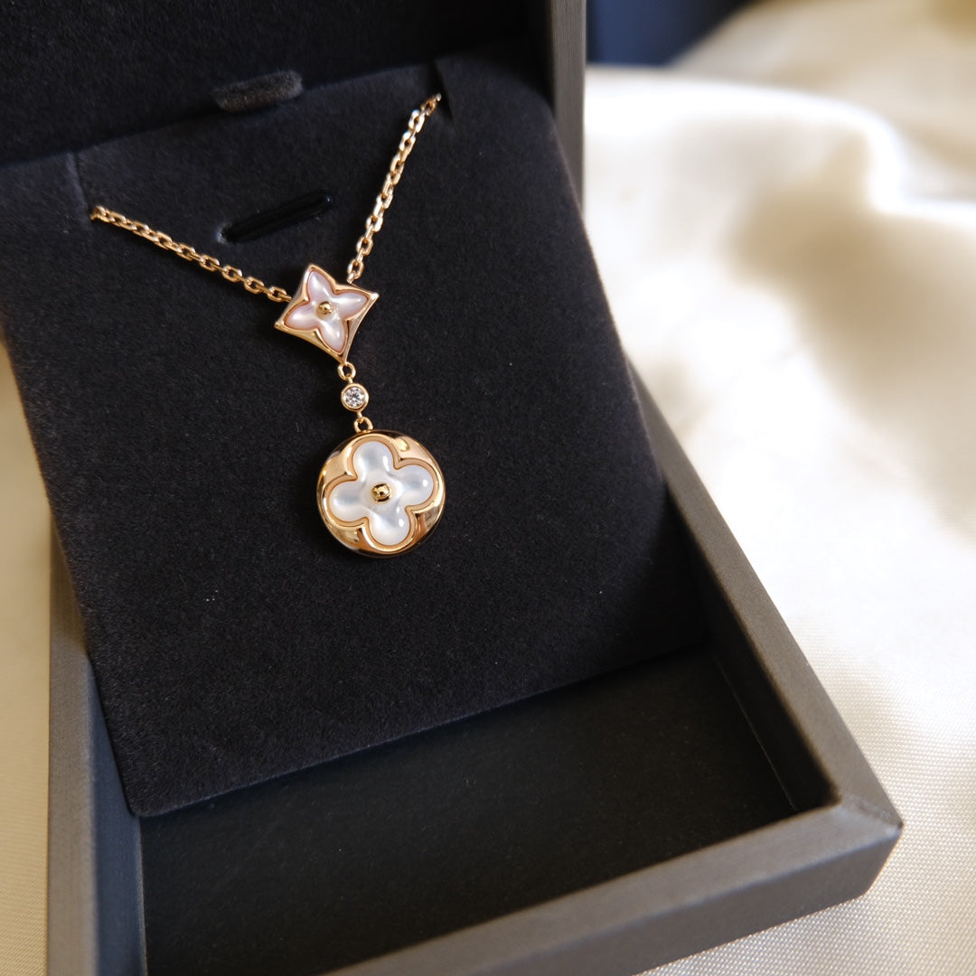 [⭐Luxery]STAR AND SUN WHITE MOP 2 MOTIF PINK GOLD NECKLACE