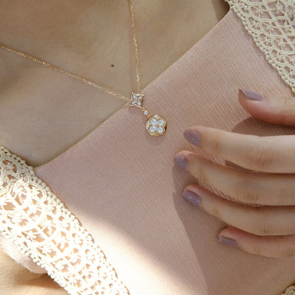 [⭐Luxery]STAR AND SUN WHITE MOP 2 MOTIF PINK GOLD NECKLACE