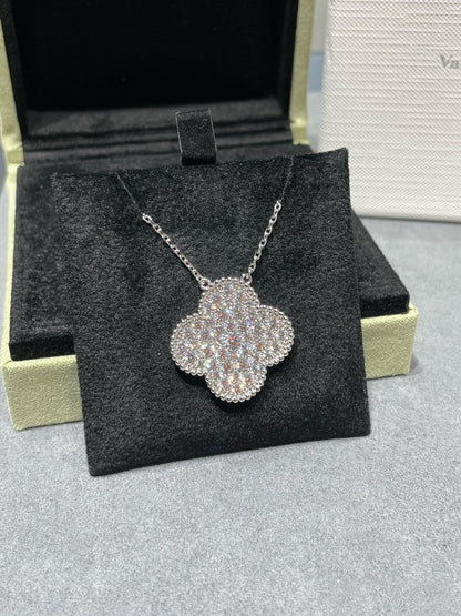 [⭐Luxery]CLOVER 25MM LARGE PENDANT DIAMOND PAVED SILVER NECKLACE