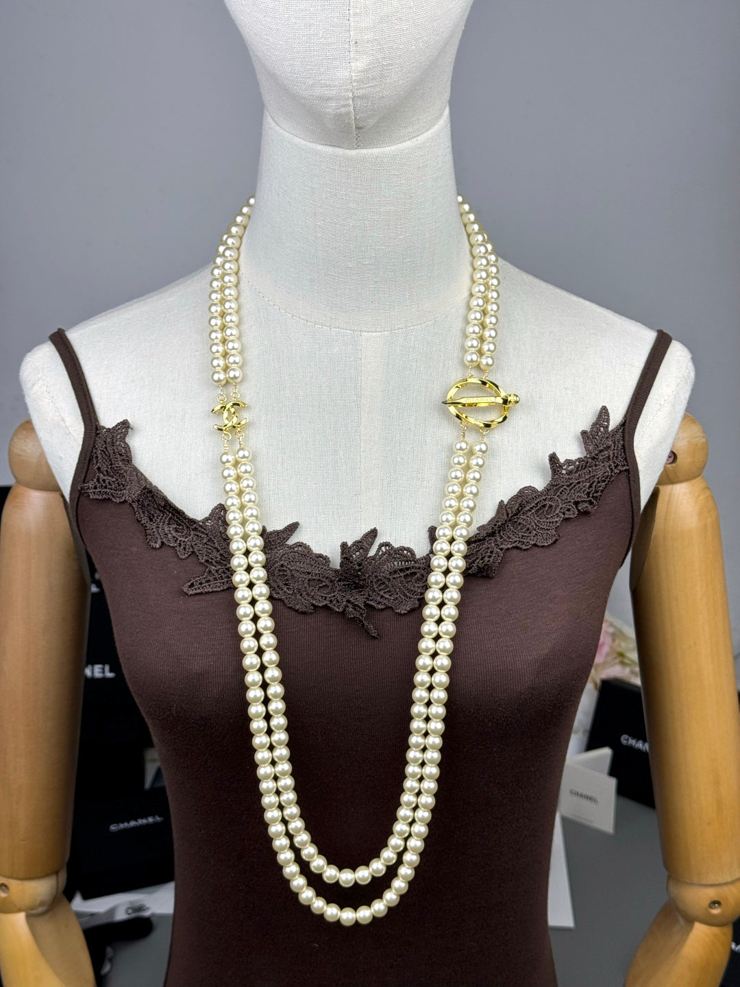 [⭐Luxery]25K Pencil Double C Double-Layer Pearl Sweater Chain