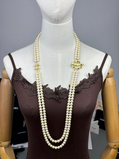 [⭐Luxery]25K Pencil Double C Double-Layer Pearl Sweater Chain