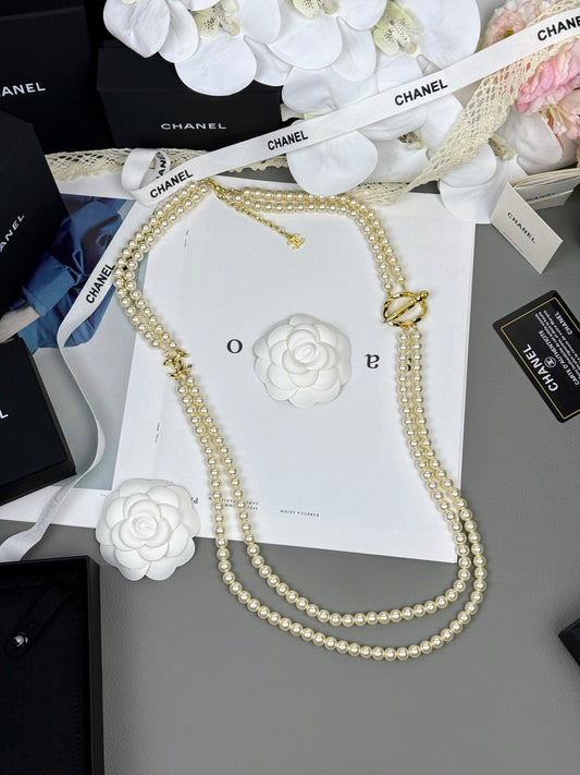 [⭐Luxery]25K Pencil Double C Double-Layer Pearl Sweater Chain