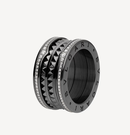 [⭐Luxery]ZERO 1 ROCK FOUR-BAND BLACK CERAMIC WITH STUDDED SPIRAL AND PAVED DIAMONDS RING