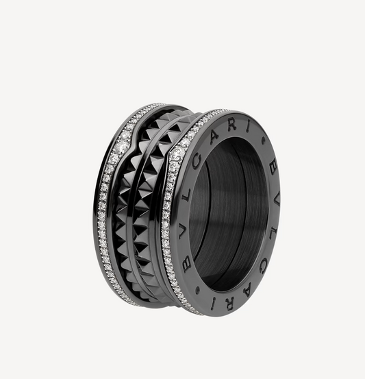 [⭐Luxery]ZERO 1 ROCK FOUR-BAND BLACK CERAMIC WITH STUDDED SPIRAL AND PAVED DIAMONDS RING