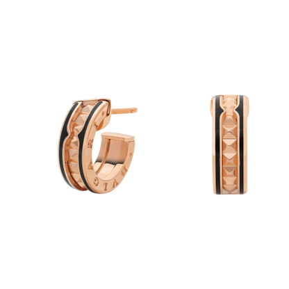 [⭐Luxery]ZERO 1 ROCK PINK GOLD EARRINGS WITH STUDDED SPIRAL AND BLACK CERAMIC