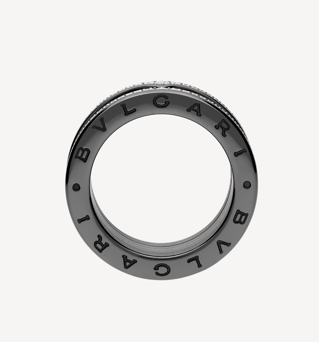 [⭐Luxery]ZERO 1 ROCK FOUR-BAND BLACK CERAMIC WITH STUDDED SPIRAL AND PAVED DIAMONDS RING