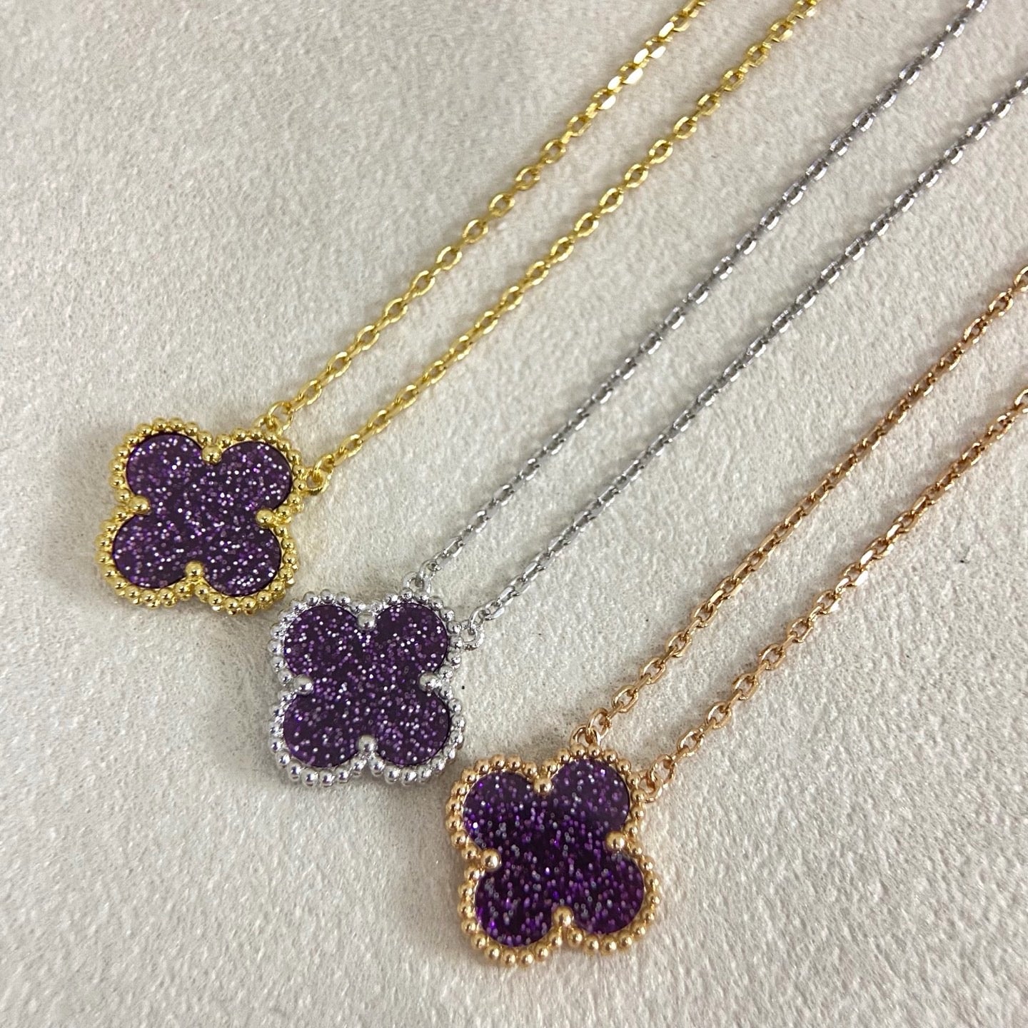 [⭐Luxery Jewelry]NEW 15MM PURPLE SAND-GOLD FOUR-LEAF CLOVER NECKLACE