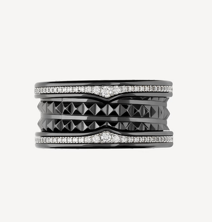 [⭐Luxery]ZERO 1 ROCK FOUR-BAND BLACK CERAMIC WITH STUDDED SPIRAL AND PAVED DIAMONDS RING