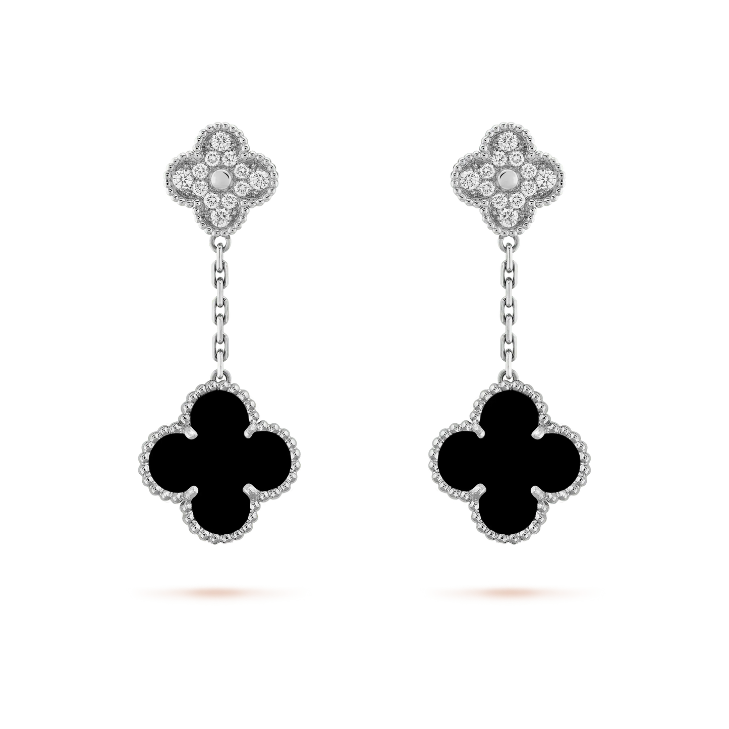 [⭐Luxery]CLOVER 2 MOTIFS  DIAMOND ONYX EARRINGS SILVER