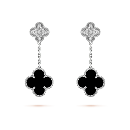 [⭐Luxery]CLOVER 2 MOTIFS  DIAMOND ONYX EARRINGS SILVER
