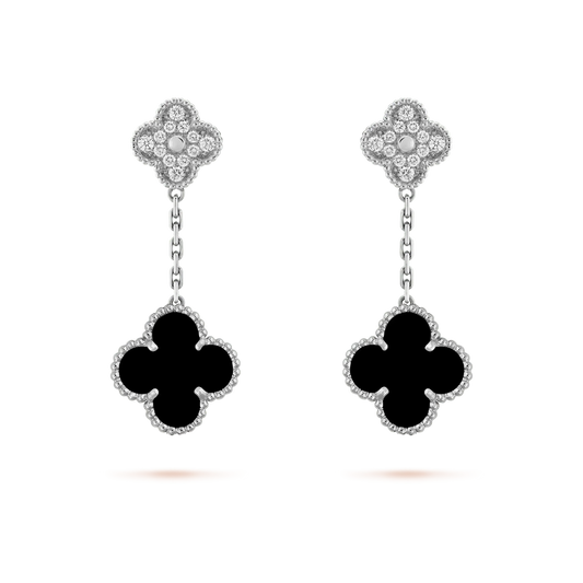 [⭐Luxery]CLOVER 2 MOTIFS  DIAMOND ONYX EARRINGS SILVER