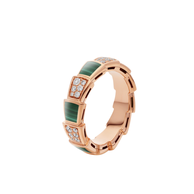 [⭐Luxery]SERPENTI RING PINK GOLD MALACHITE DIAMOND PAVED 4MM