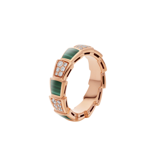 [⭐Luxery]SERPENTI RING PINK GOLD MALACHITE DIAMOND PAVED 4MM