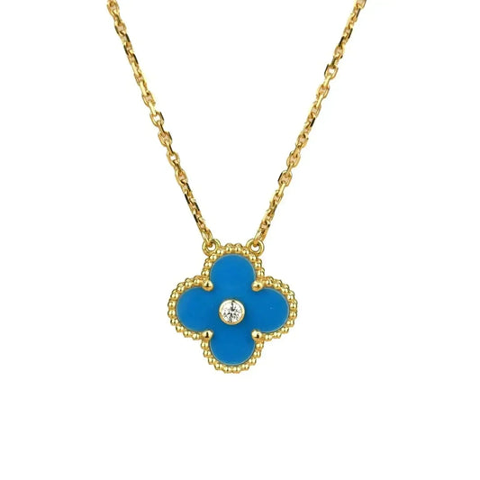 [⭐Luxery]CLOVER 15MM DIAMOND AND BLUE AGATE NECKLACE