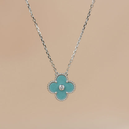 [⭐Luxery]CLOVER 15MM DIAMOND SVRES PORCELAIN  NECKLACE SILVER
