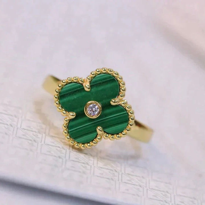 [⭐Luxery]CLOVER MALACHITE RING GOLD DIAMOND