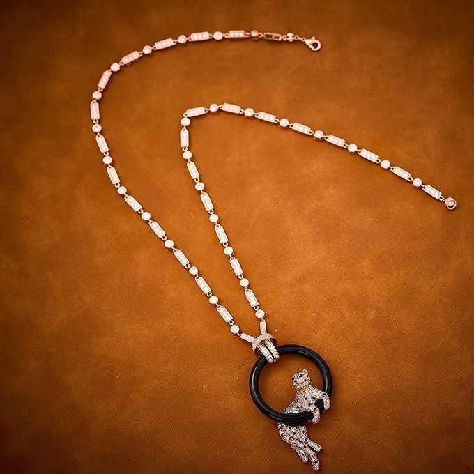 [⭐Luxery jewelrys]NEW BLACK CIRCLE PANTHER FULL DIAMOND NECKLACE