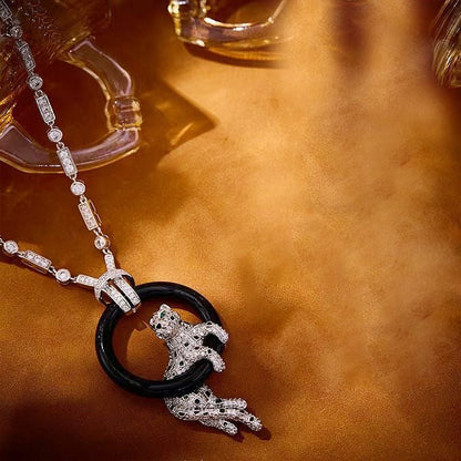 [⭐Luxery jewelrys]NEW BLACK CIRCLE PANTHER FULL DIAMOND NECKLACE