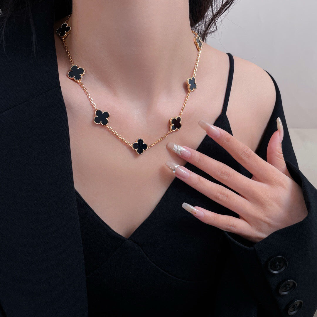 [⭐Luxery]CLOVER 10 MOTIFS ONYX NECKLACE