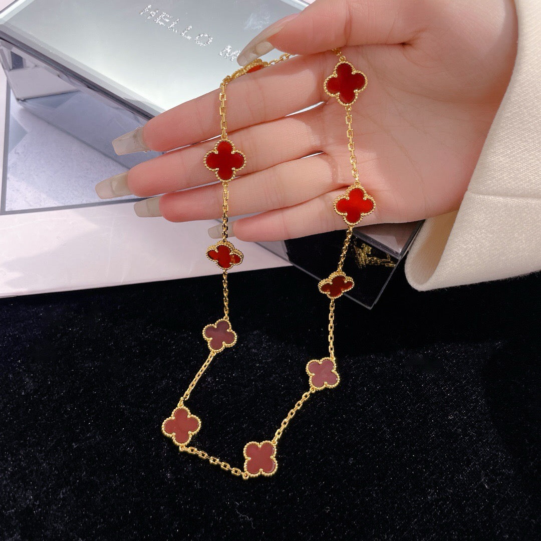 [⭐Luxery]CLOVER 10 MOTIFS CARNELIAN NECKLACE