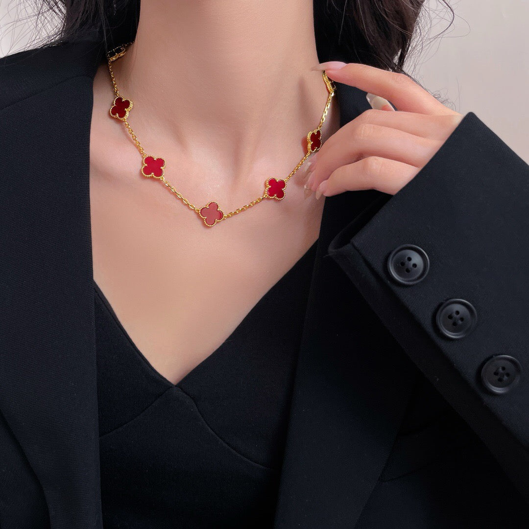 [⭐Luxery]CLOVER 10 MOTIFS CARNELIAN NECKLACE