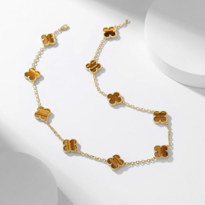 [⭐Luxery]CLOVER 10 MOTIFS TIGER EYE NECKLACE