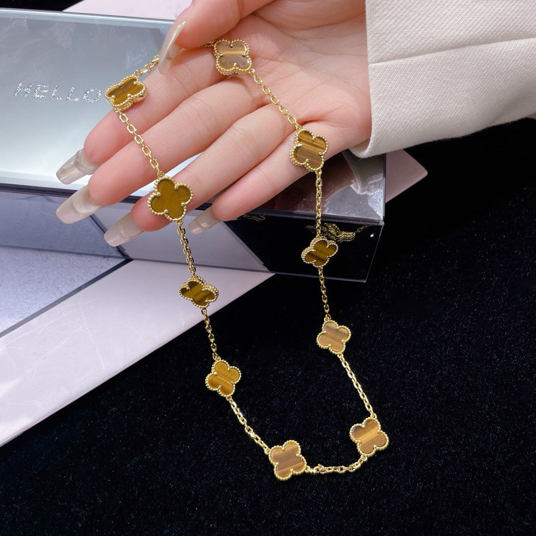 [⭐Luxery]CLOVER 10 MOTIFS TIGER EYE NECKLACE