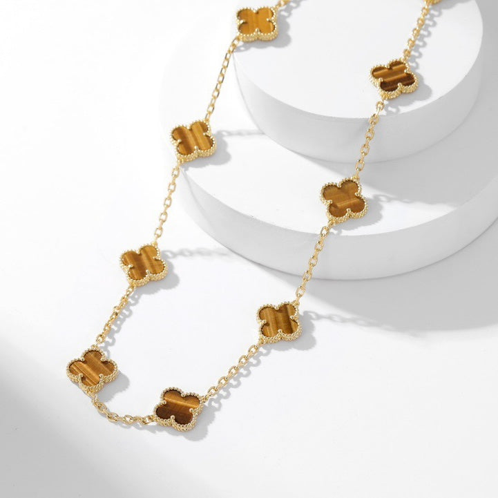 [⭐Luxery]CLOVER 10 MOTIFS TIGER EYE NECKLACE