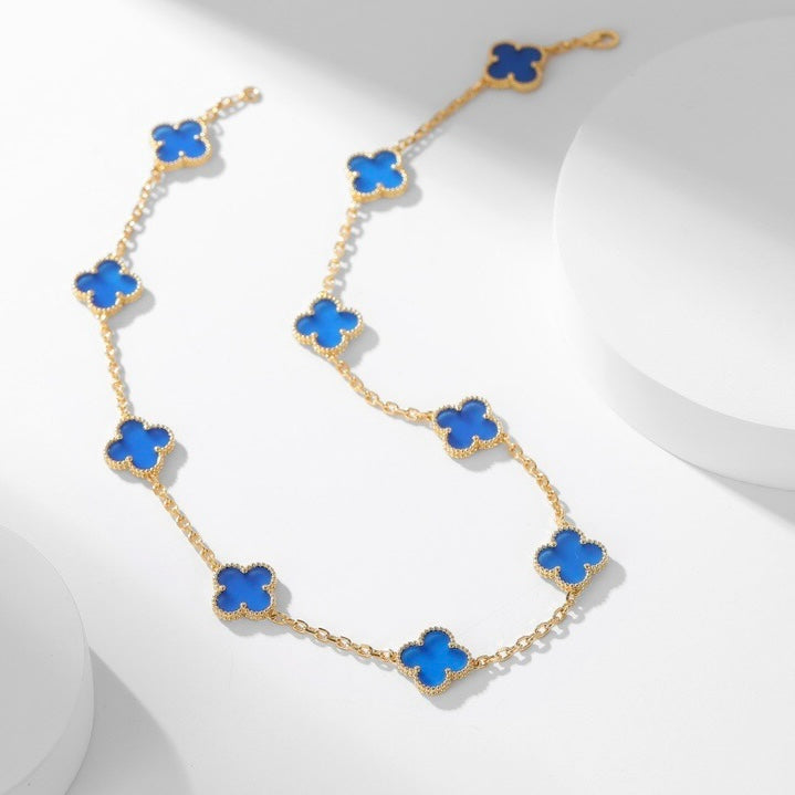 [⭐Luxery]CLOVER 10 MOTIFS BLUE AGATE NECKLACE